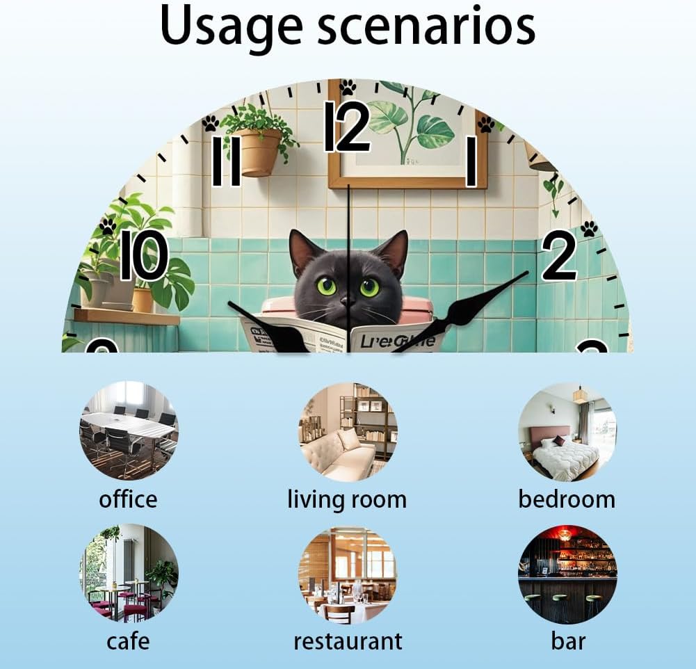 CHGCRAFT Funny Toilet Cat Pattern Wall Clock 12 Inch Non-Ticking Clocks Round Wall Hanging Clock Battery Operated for Bedroom Living Room Kitchen Office