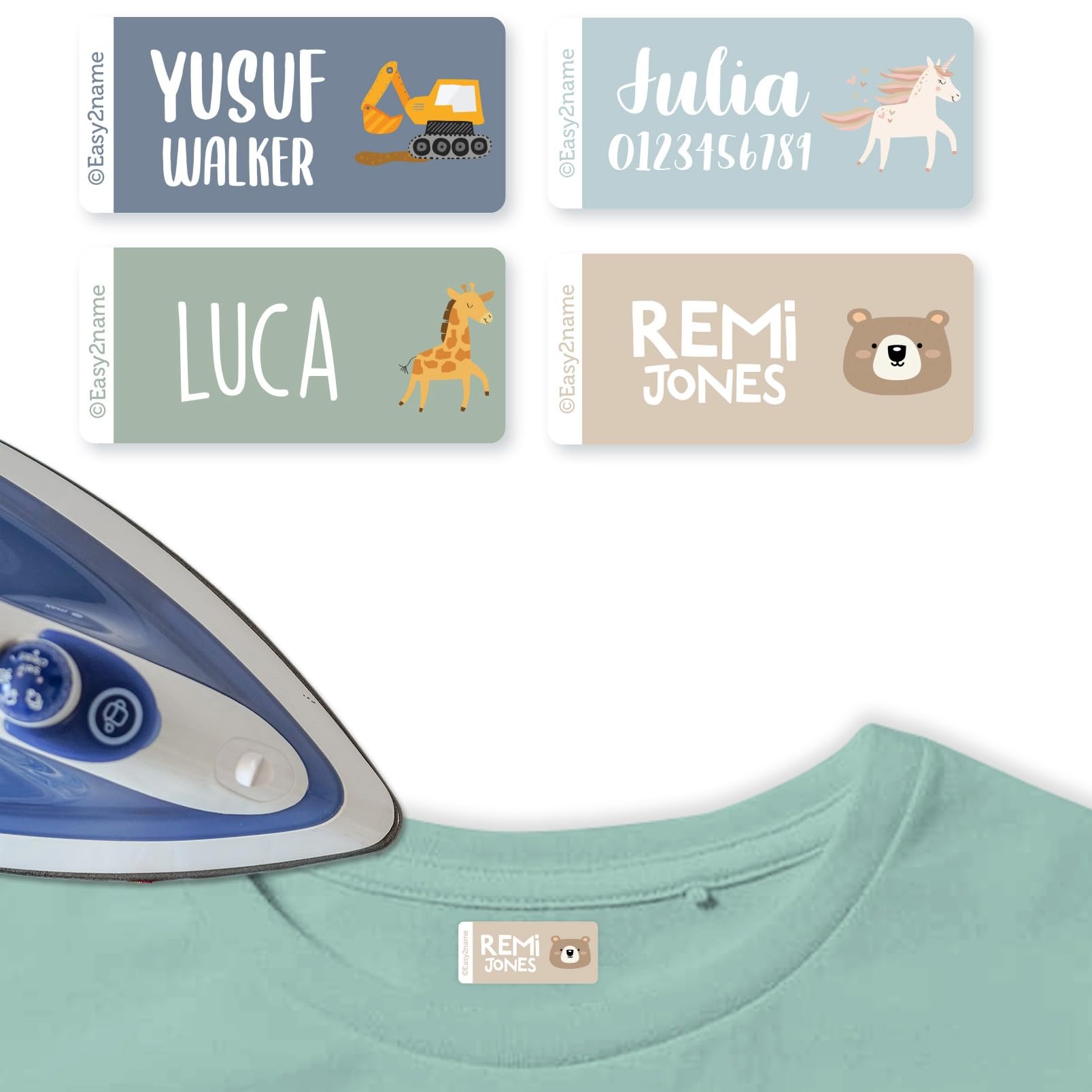 EASY2NAME Personalised Iron-On Name Labels with Themed Icons – Durable, Washable & Dryer-Safe. Ideal for School Uniforms & Clothing. 2.65x1.2cm Name Tags for Kids & Adults. (Nature)