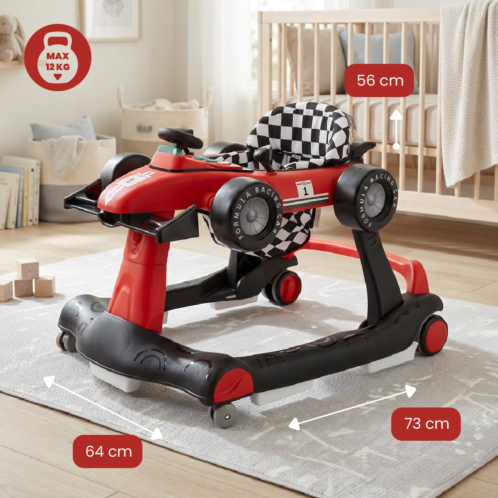 Andador para bebés Formula Racing, 6-18 meses, baby walker plegable con ruedas silenciosas, caminante con Empuje Regulable en Altura, coche de aprendizaje móvil con música y luz (Rojo)