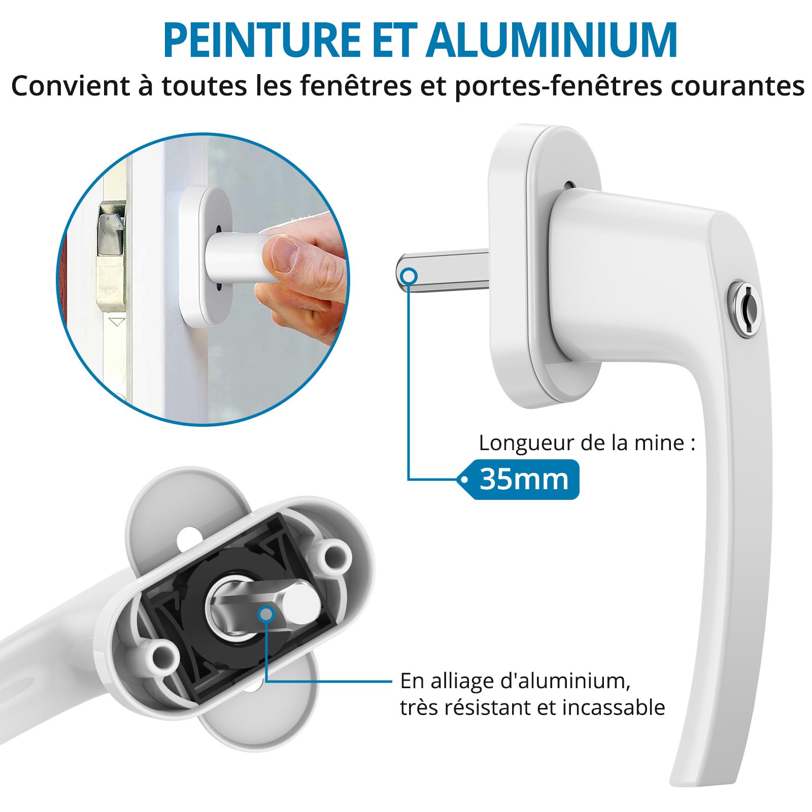 AUTOUTLET 10PCS Poignées de Fenêtre en Aluminium Blanc Poignée de Porte de Balcon Windows avec 8PCS Vis Convient à Toutes Les Fenêtres et Portes de Balcon Courantes