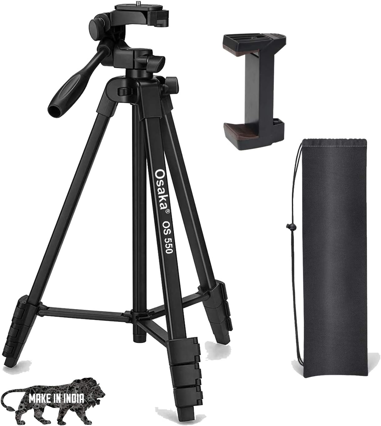 Osaka OS 550 Tripod 55 Inches (140 cm) with Mobile Holder and Carry Case for Smartphone & DSLR Camera Portable Lightweight Aluminium Tripod