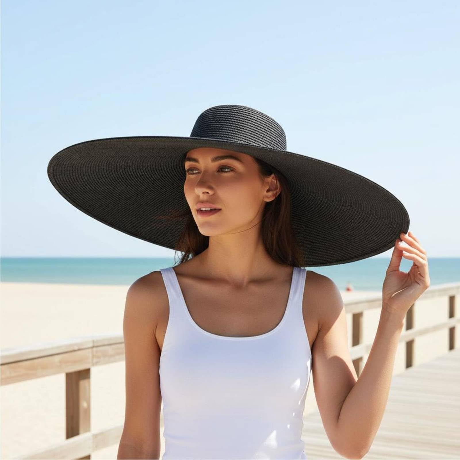 Cappello di Paglia con Ampia Visiera Larga Portatile Cappello da Spiaggia con Ampia Visiera Larga Traspirante Accessorio Moda Estivo per Viaggio, Khaki, 35CM
