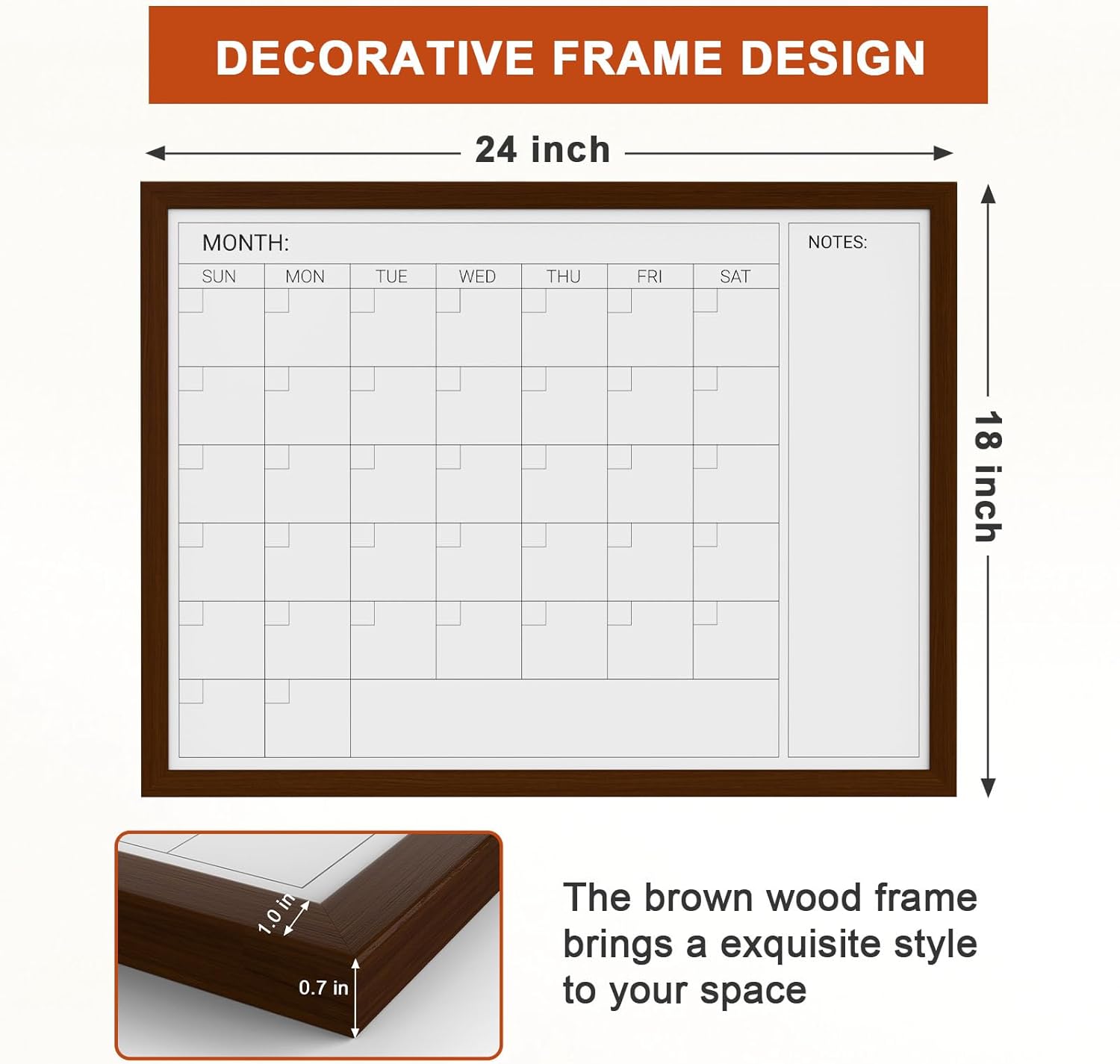 Comix Dry Erase Calendar Whiteboard for Wall, Magnetic Dry Erase White Board with Brown Wood Frame, 24 * 18 inches Decorative Planner Board for Office, Kitchen, School, Home