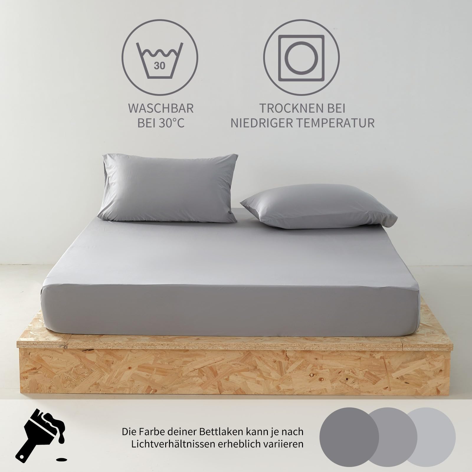 Sommer Satin Spannbettlaken Kühlend 140x200 cm Grau Hellgrau Spannbetttuch 90% Nylon + 10% Elastan，Q-Max > 0,4, Elastisches Bettlaken bis 30cm Matratzenhöhe, für Nachtschweiß & Warme Schläfer