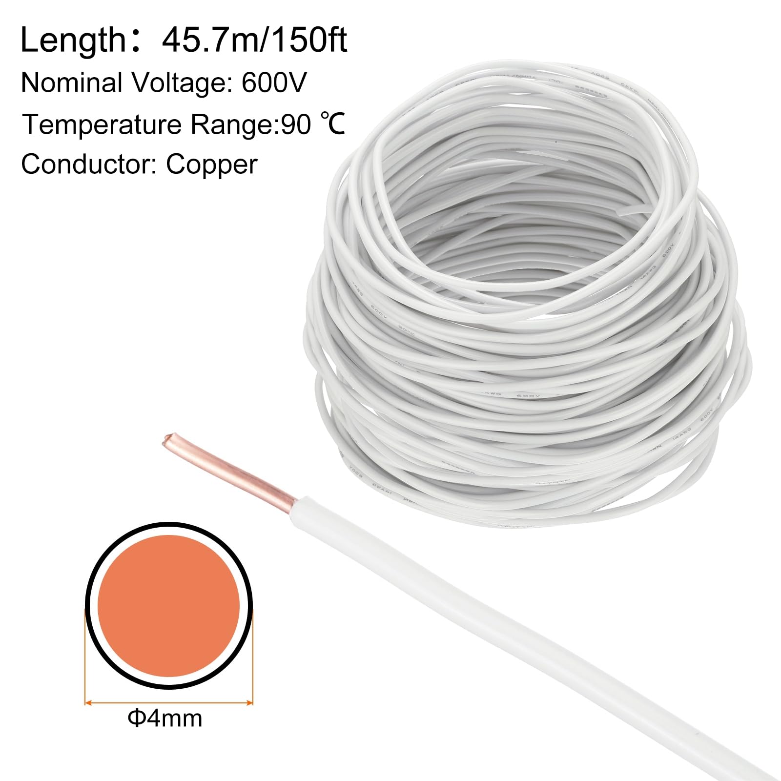 QUARKZMAN 150 Fuß Elektrischer Draht Isolierter Fester Kupferdraht 14AWG Anschlusskabel THHN Draht Wohnbereich Industrie Erdung Elektrisch Bewertet Für 600 Volt UL Geprüft Weiß
