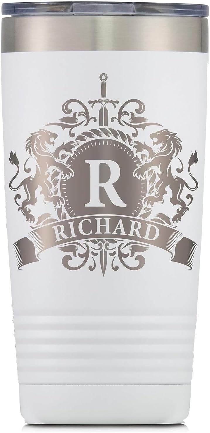 Personalized Tumbler with Custom Engraved Initials Text, 20 oz Stainless Steel Mug, Double Wall Vacuum Insulated Travel Coffee Tumbler with Lid, Gift for Women, Men, Birthdays, White