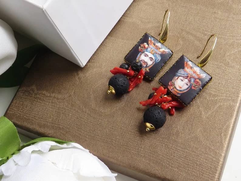 Orecchini Siciliani con Mattonelle in Ceramica di Caltagirone e Pietra Lavica