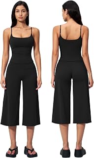 QBGJTD Two Piece Womens Workout Set Spaghetti Straps Crop Top Matching Wide Leg Capri Pants Gym Pilates Outfits