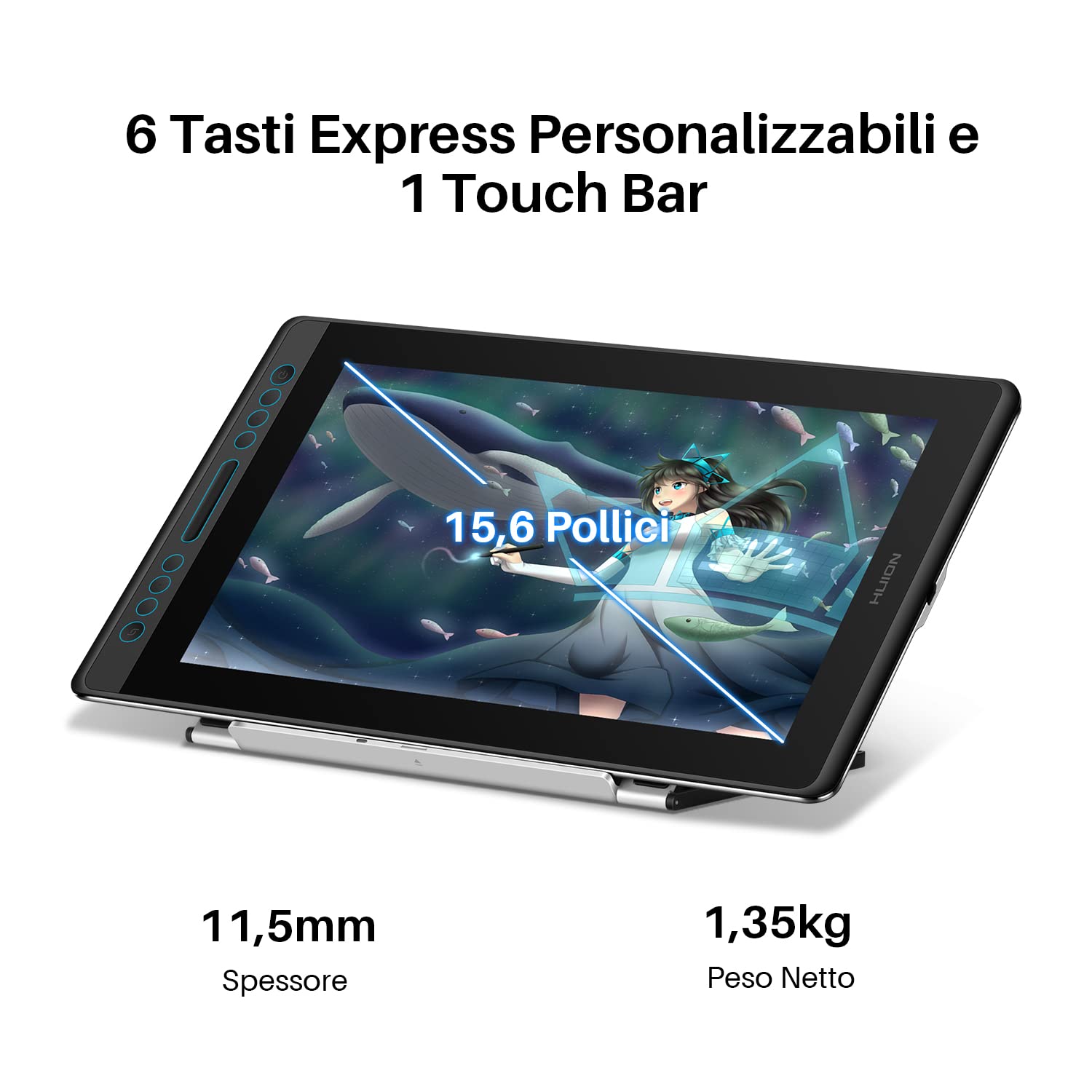 HUION Kamvas Pro 16 Tavoletta Grafica con Schermo, Monitor da Disegno IPS 1920x1080 HD da 15,6 Pollici, 6 Tasti Express e 1 Touch Bar, Uso Ideale per Formazione a Distanza e Conferenze Web
