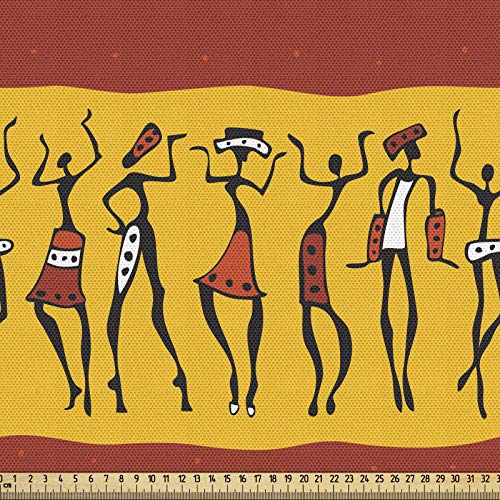 ABAKUHAUS africana Tela por Metro, Miembros de tribus Danzantes, bellamente tejida para tapicería y accesorios para el hogar, 1 M(148x100 cm), Amarillo Anaranjado Oscuro Negro