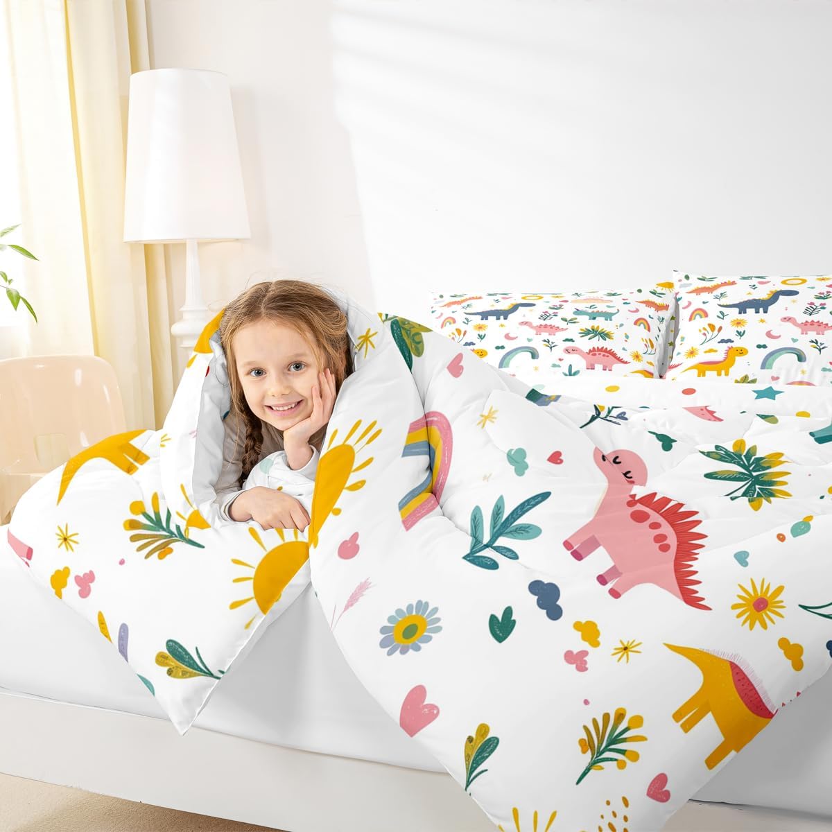 Feelyou Colorful Dinosaur Kids Comforter Set Twin Size Jungle Dino Bedding Set Wild Animal Duvet Quilt for Kids Boys Girls Bedroom Dino Print Decor Microfiber Ultra Soft Breathable