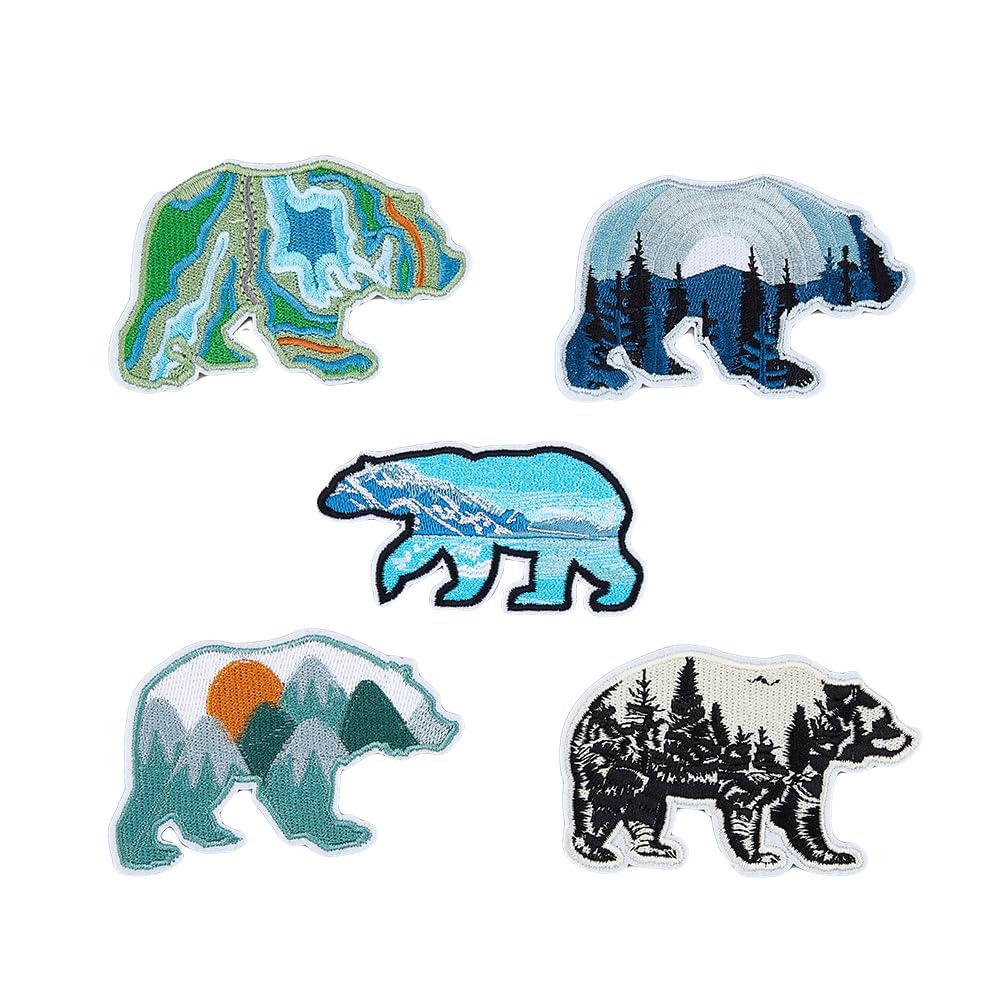5Pcs 5 Style Bear Applique Patch Iron On Embroidered Patches Outdoor Nature Patch Cute Animal Patch for Craft Sewing Clothes Hats Backpacks Bag Pants Shirts Shoes