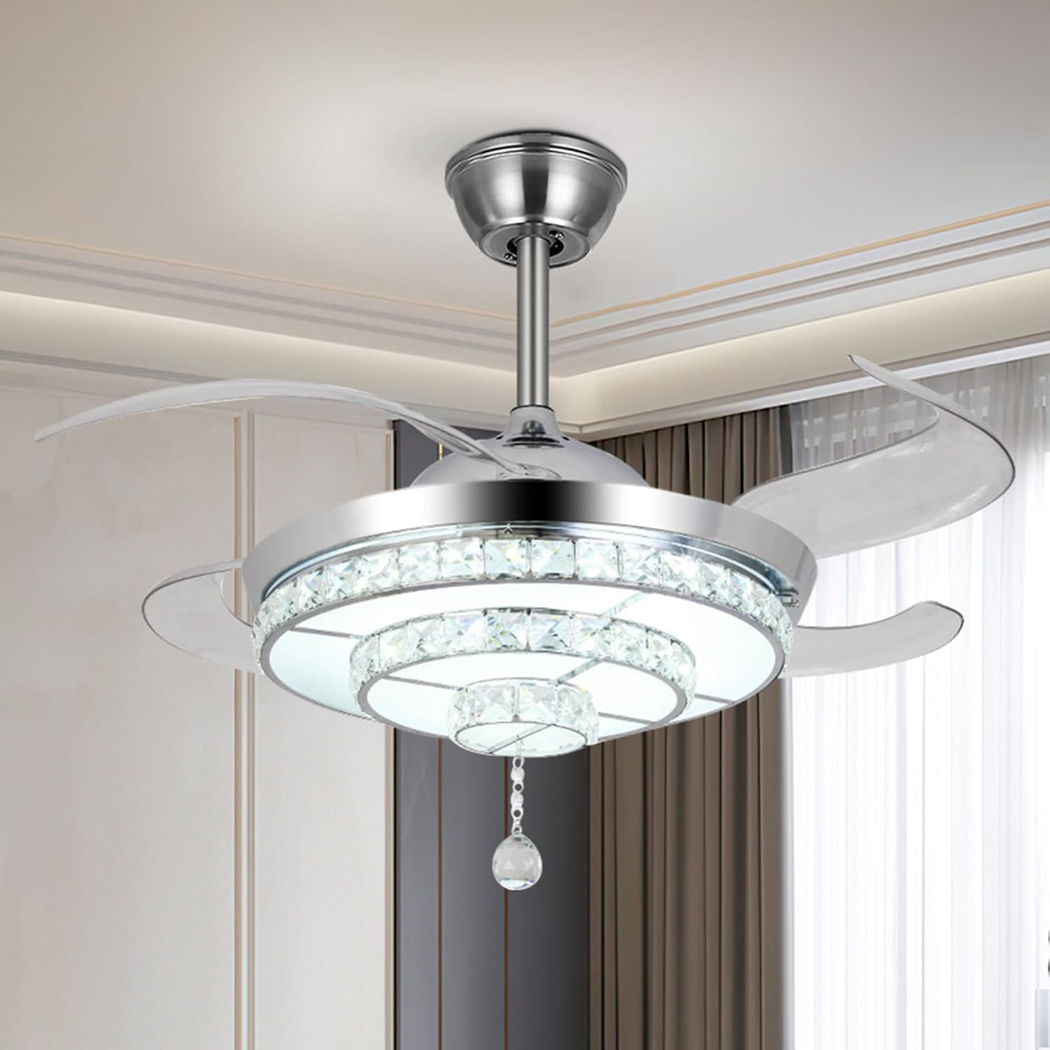 Modern 42 Inch Chandelier Ceiling Light, Retractable Ceiling Fan with Lights, 3 Color Changes Chandelier Fans for Living Room Dinning Room Bedroom