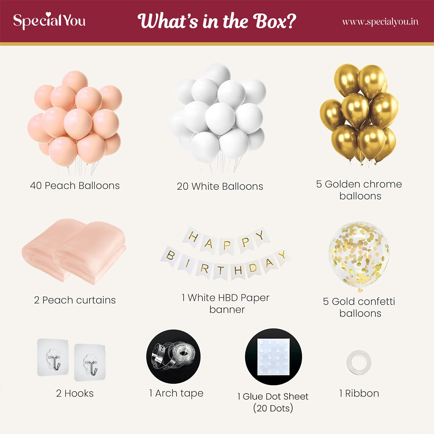 SpecialYou Peach Theme Birthday Decoration Kit for Girls-78Pcs, Peach, Gold & White Balloons, 1st Birthday Decoration for Baby Girl, Net Backdrop for B'day Decor, Back Drop Curtain for Decorations