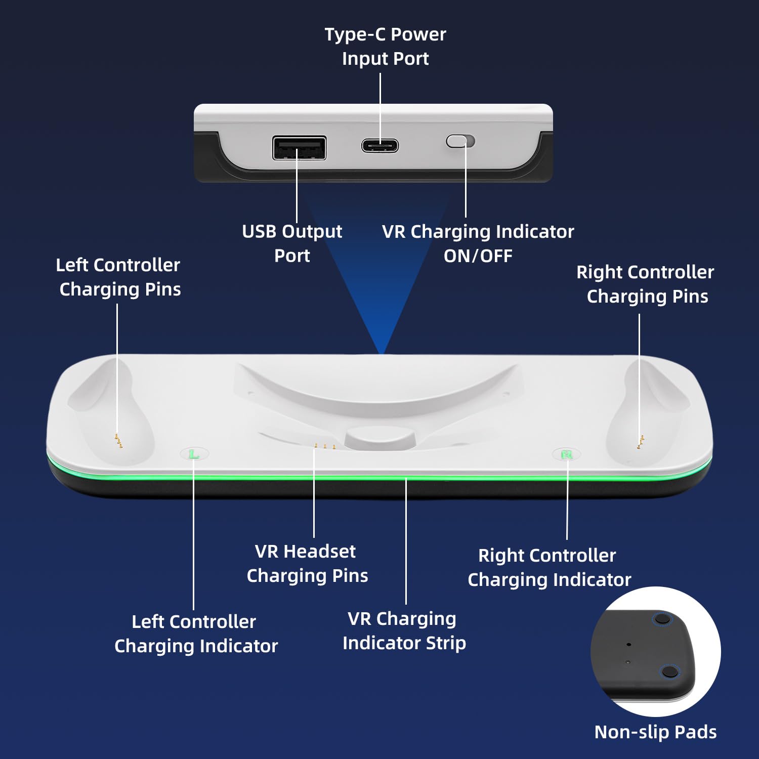 Mcbazel Estación de Carga VR Controlador para Quest 3, Estación de Carga VR con Luz LED para Quest 3, Soporte de Carga VR con 2 * 600 mAh Baterías Recargables, Cable de Carga Tipo-C