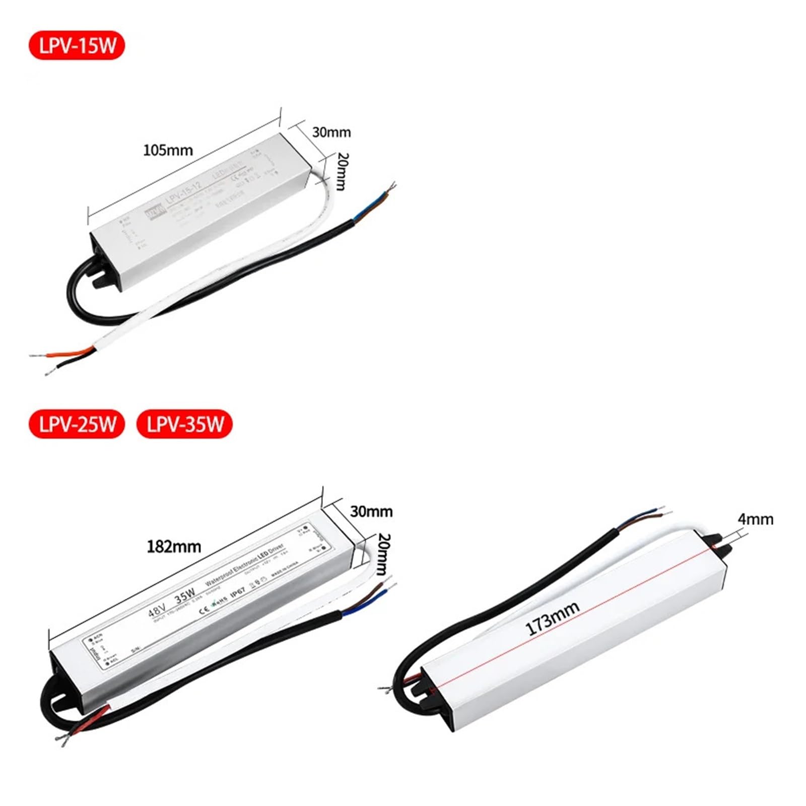 Transformador LED, Fuente de alimentación conmutada LPV resistente al agua IP67, 15 W, 25 W, 35 W, 50 W, 60 W, 80 W, 100 W, 120 W, 150 W, CA/CC, 12 V, 24 V, 48 V, controlador LED de voltaje constante.