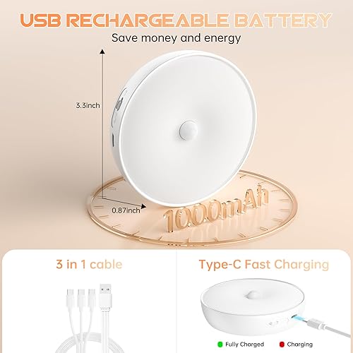 Miniatura 2 de Luces LED de color cálido para armario, luz inalámbrica con sensor de movimiento, luces de disco recargables por USB con control remoto, atenuador
