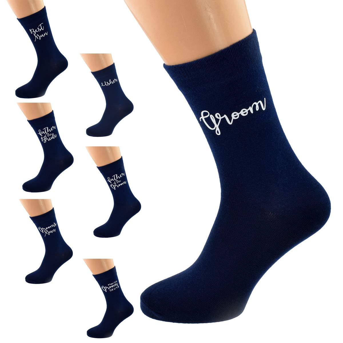 Gtr - Socks Men's Navy Blue Wedding Script Design Socks Uk Adult 5-12 In Various Roles (Father Of The Bride)