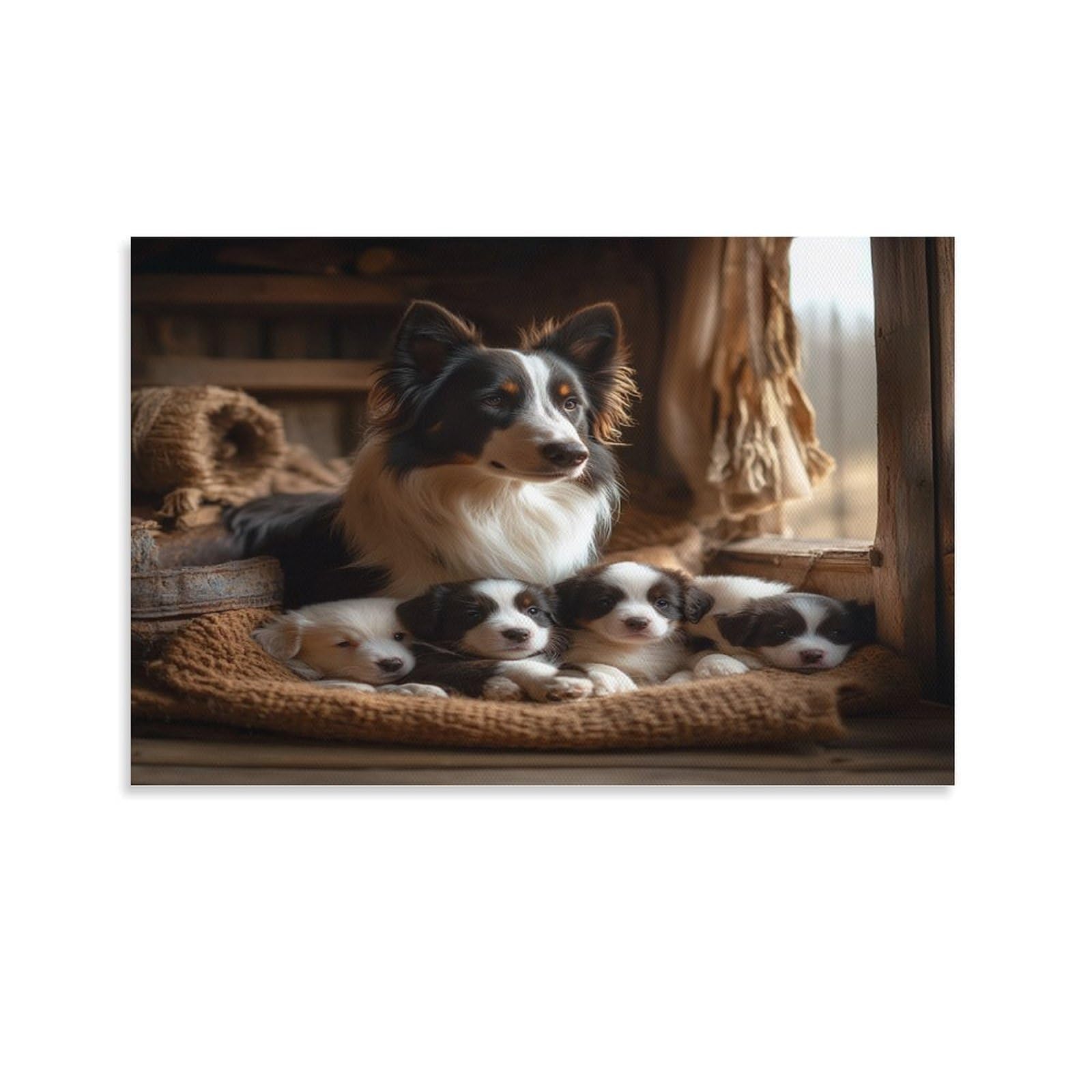 CPLVKWRQJ Border Collie Puppies Single Cozy Family Scene Canvas Wall Art - Birthday Gift Office Canvas Print Fade Resistant Wall Decor 20x30inch(50x75cm)