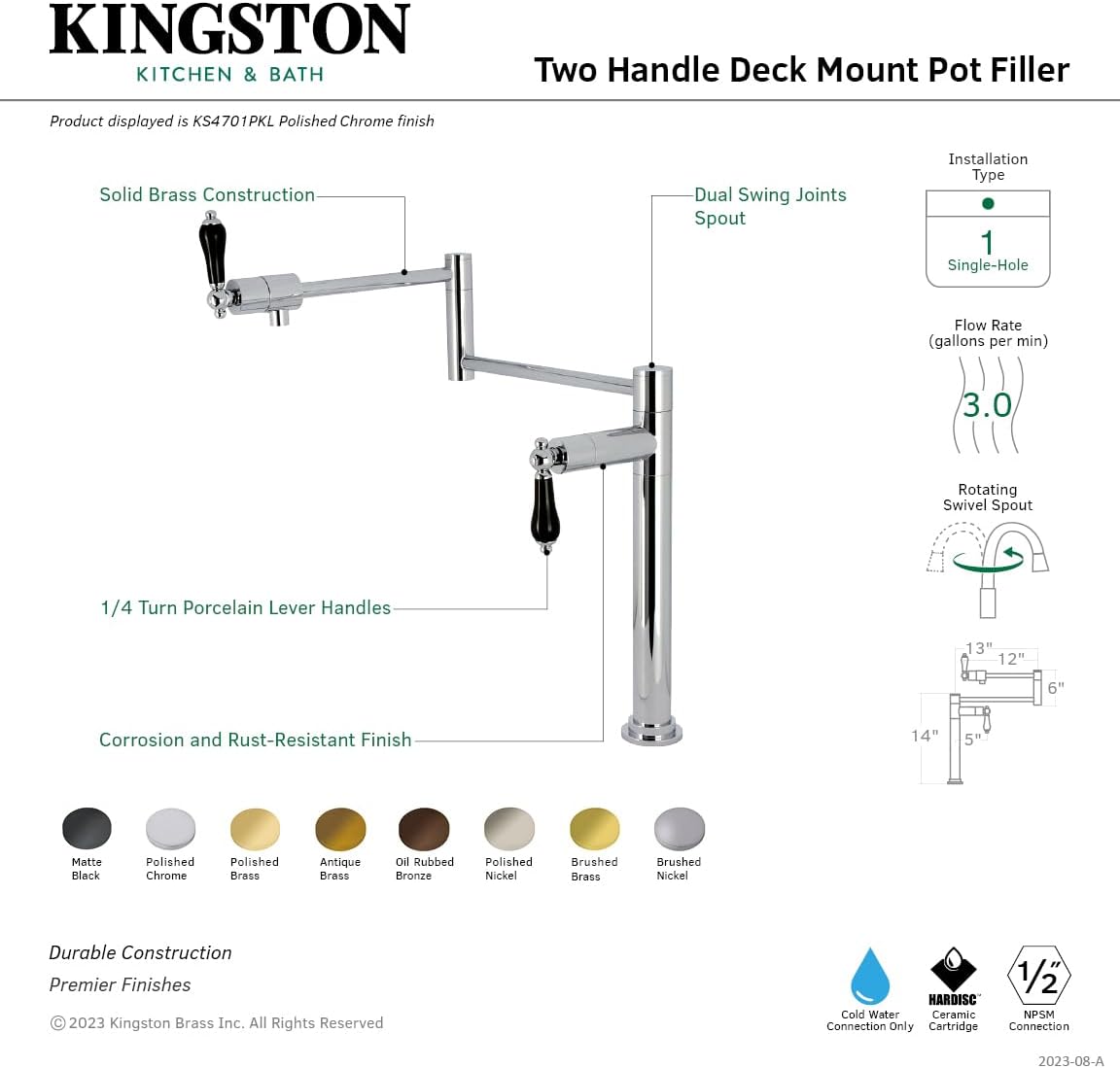 Kingston Brass KS4702PKL Duchess Deck Mount Pot Filler, Polished Brass
