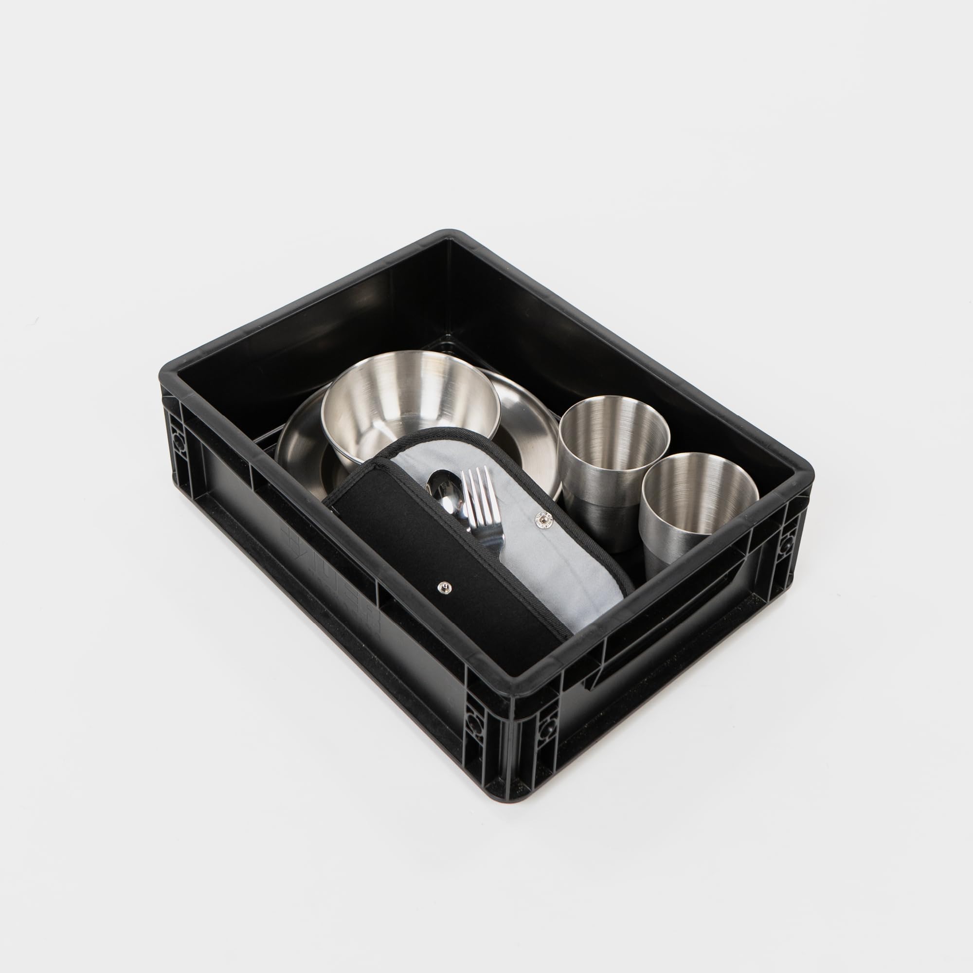 BOXIO - CookUp: Complete Complete Set 28-Piece for Camping Kitchen 40 x 30 x 12 cm - Perfect Accessory for Camping Stove in Small Euro Box with Crockery and Cutlery