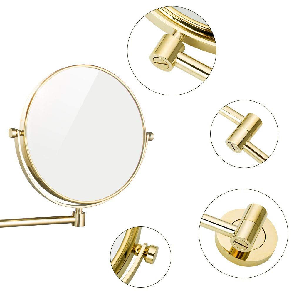 Espejo de maquillaje montado en la pared Espejo de afeitar de baño con Aumento de 10X, Espejo de baño extensible con diseño giratorio de 360 ° Redondo de Doble Cara, Dorado, 8 pulgadas