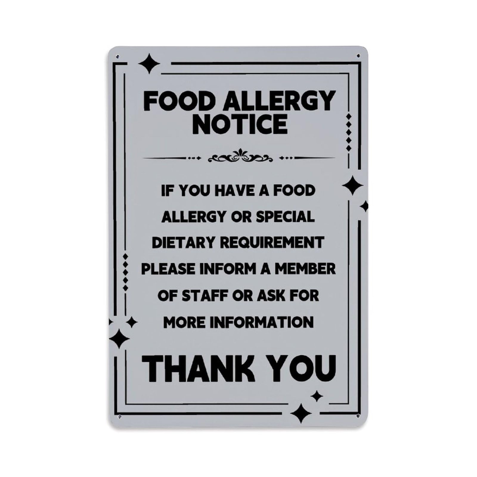 Enderetf Vintage Food Allergy Notice Sign Tin Sign Metal Poster, Home Bar Garage Man Cave Cafe Indoor & Outdoor Wall Decoration 8X12inches