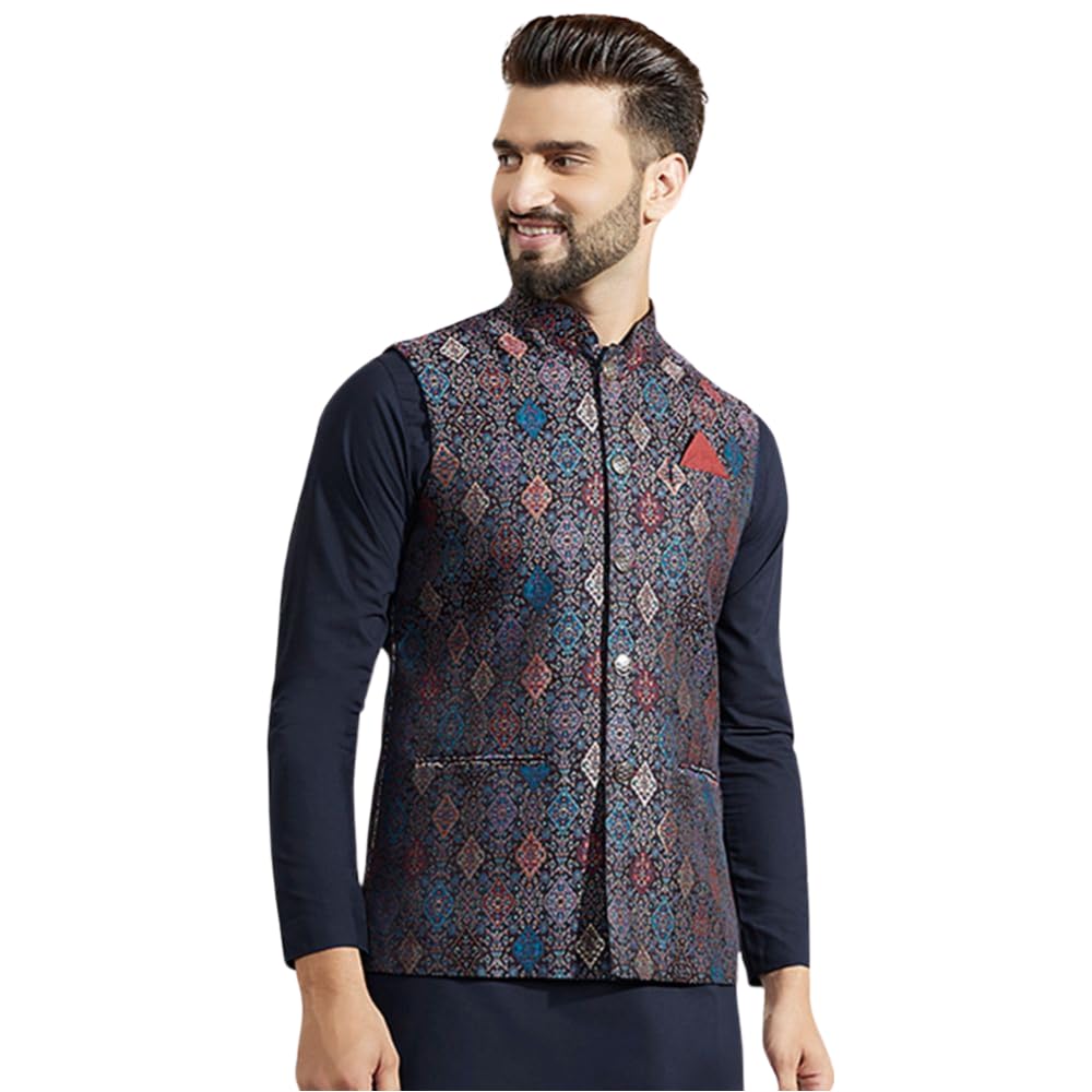 kisah Men's Nehru Jacket, Multi Silk Blend, Woven Design Sleeveless Regular Fit Mandarin Collar-picture-38