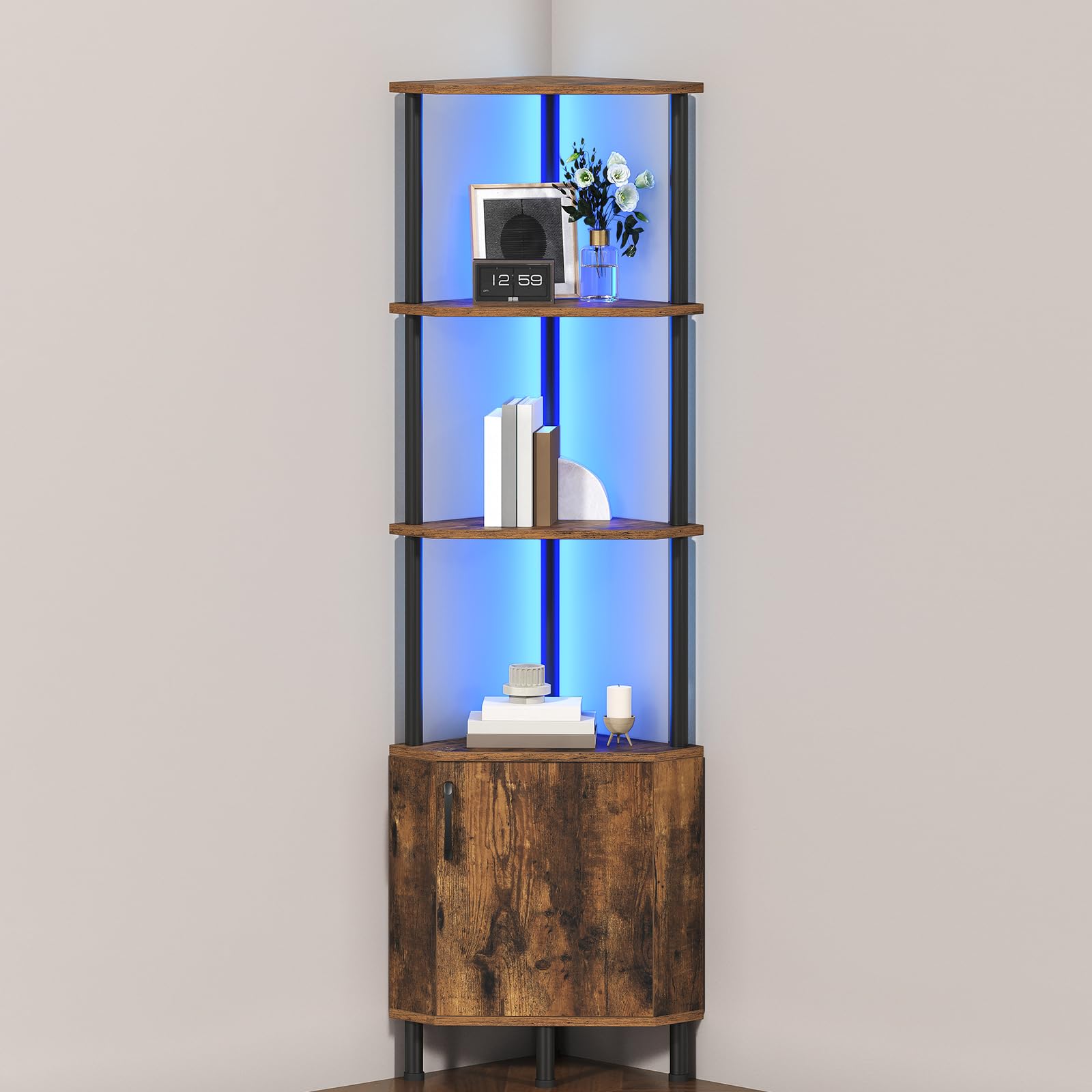 HOOBRO Libreria Verticale Angolare con LED e Mobile Contenitore, Scaffale Industriale da Esposizione, Pannelli a Motivo Diamante, per Soggiorno, Studio, Camera, Marrone Vintage e Nero EBF147DCJ01