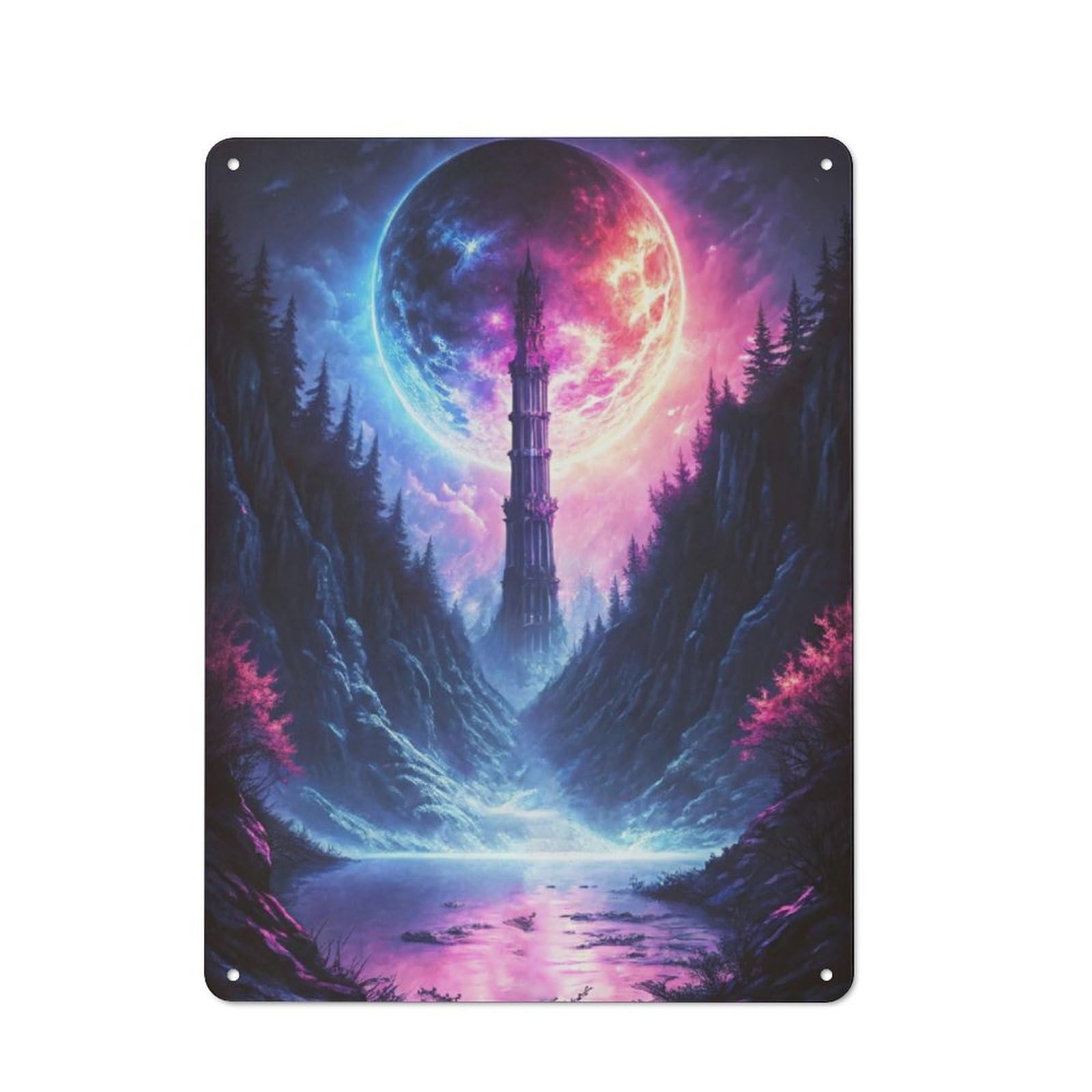 Junmoney Fantasy Tower Landscape Rustic Metal Sign 40X30cm Featuring For Hallway Wall, For Collectors Decorating Hallways And Entrance Areas