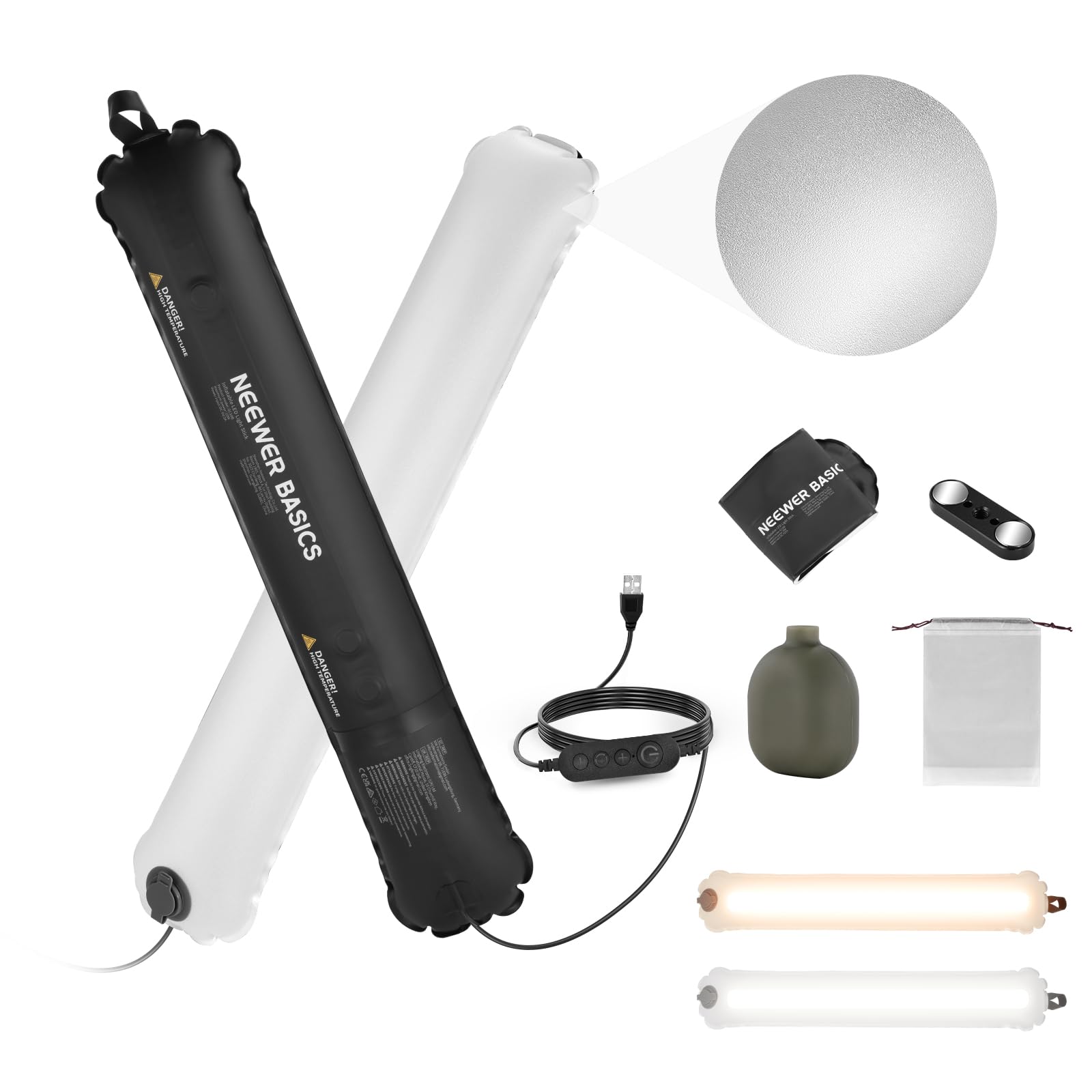 NEEWER BASICS 10W Luce di Riempimento LED Portatile da 60cm, Luci Tubo Gonfiabile Bicolore in TPU,2700K-5600K CRI95 Cavo 194cm Alimentata da USB A per Fotografia Studio Riprese Video Streaming, GC10B