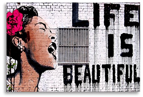 Leinwanddrucke fertig zum Aufhängen Druck auf leinwand Banksy Graffiti - Bild Life is Beautiful ! (div. größen) Bild fertig auf Keilrahmen ! Pop Art Gemälde Kunstdrucke, Wandbilder, Bilder (50x70cm)