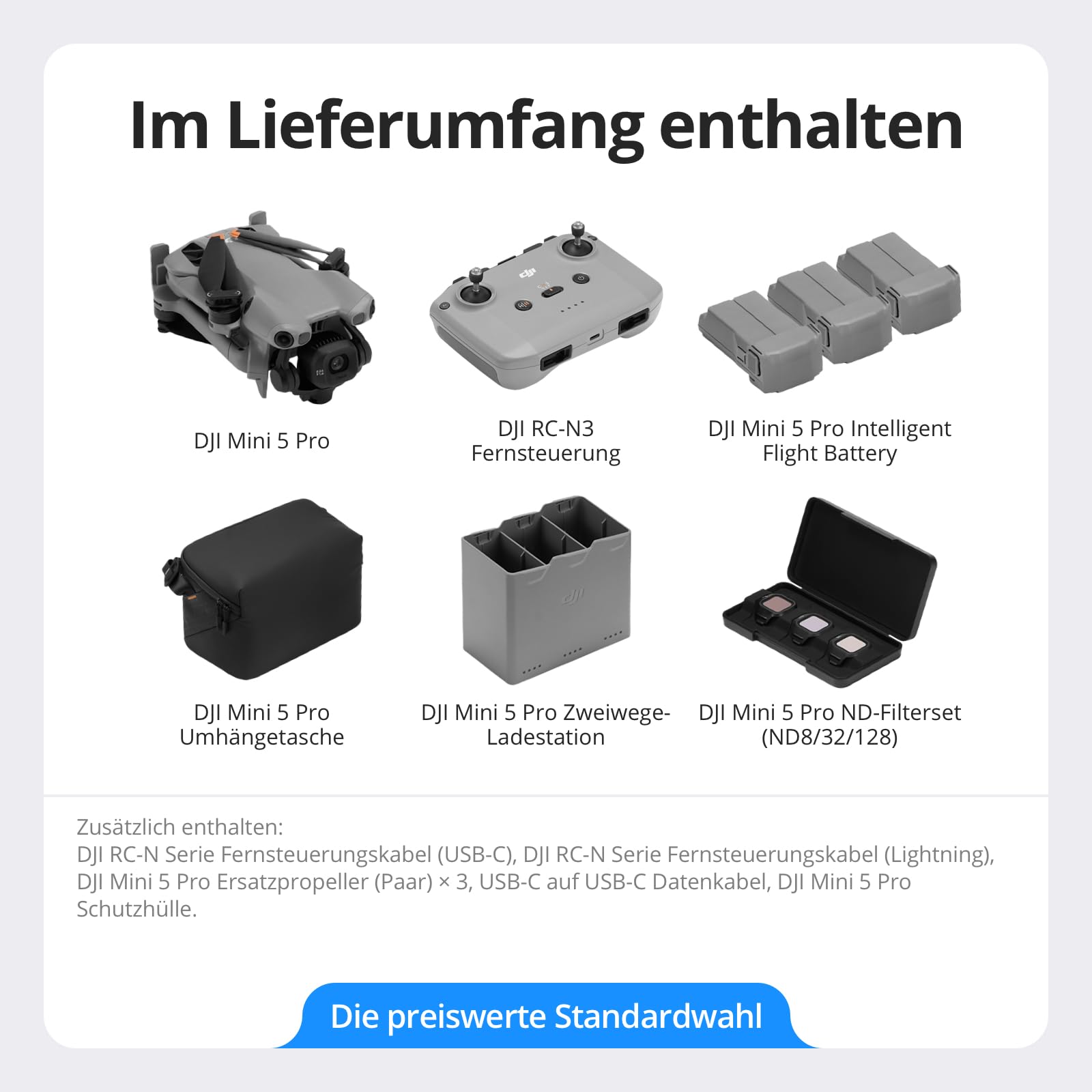 DJI Mini 5 Pro Fly More Combo mit DJI RC-N3, 4K Drohne mit Kamera, 1-Zoll CMOS, Omnidirektionaler Hinderniserkennung, ActiveTrack 360°, 225°-Gimbal-Rotation, 3 Akkus, C0 (Mini 5 Pro Fly More Combo)