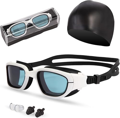 Miniatura 9 de Gafas de natación, gafas para adultos con gorro de natación, clip de nariz y tapones para los oídos, protección UV, lente antivaho y funda para