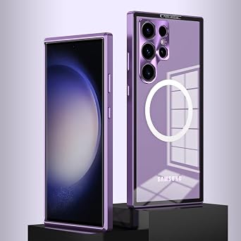 for Galaxy S23+ S23 Plus case Shockproof Aluminum Alloy Bumper Transparent Hard PC Back Panel Camera Lens Protection with Lock Magnetic Ring Slim Magnetic Case,Purple