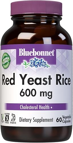 Bluebonnet Nutrition - Arroz de levadura roja de 600 mg, sin OMG, vegano, certificado Kosher, sin gluten, sin soja, sin lácteos, 60 cápsulas