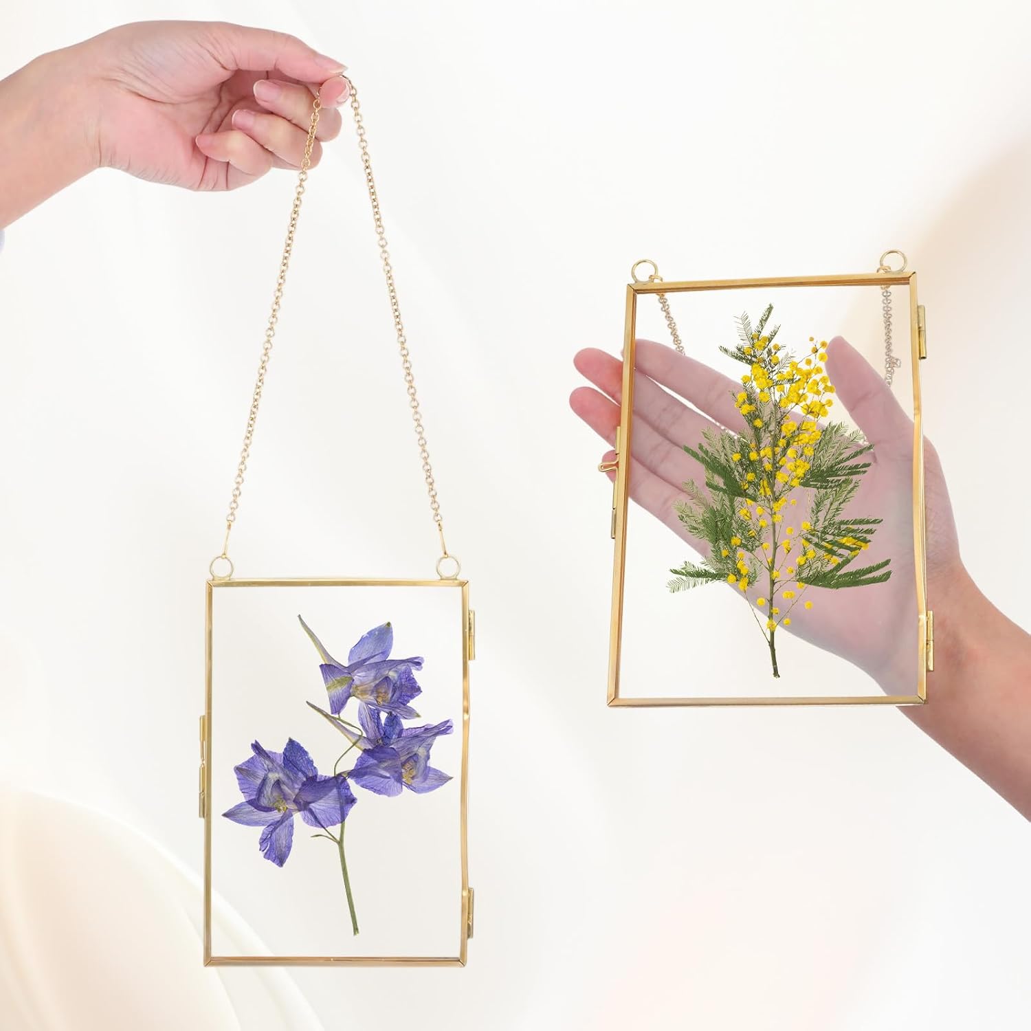 6 Pcs Pressed Flower Glass Frames, 6x4 Inch Gold Metal Hanging Double Glass Floating Photo Frame with Chain for Vintage Artwork Display, Horizontal and Vertical Use