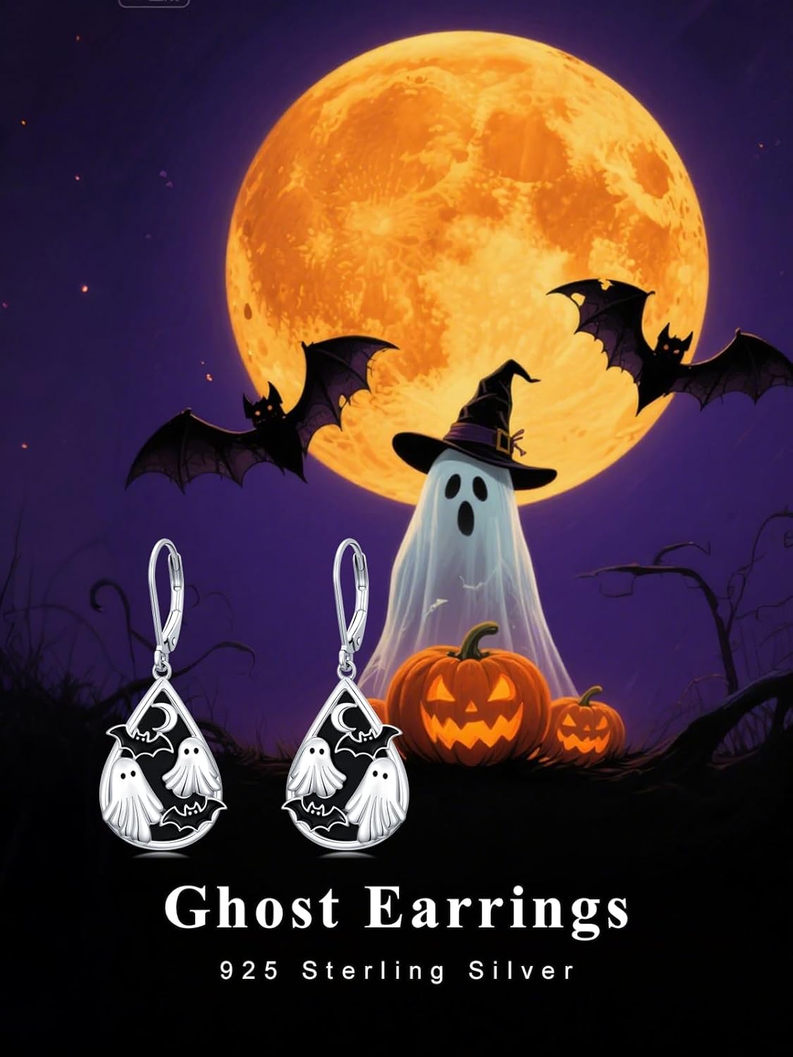 Bat Earrings Ghost Earrings for Women 925 Sterling Silver Bat Spooky Boo Halloween Dangle Halloween Jewelry for Women