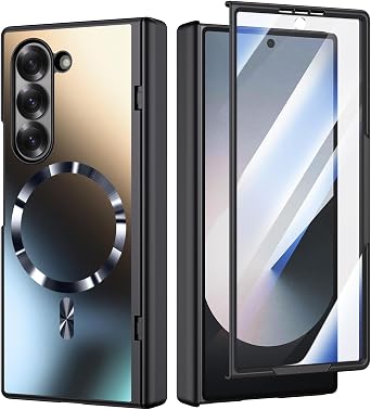 MAKAVO Magnetic for Samsung Galaxy Z Fold 6 Case, Compatible with MagSafe, with Built-in Screen Protector & Hinge Protection, Fold6 Military Grade 360 Full Body Shockproof Phone Cover, Black
