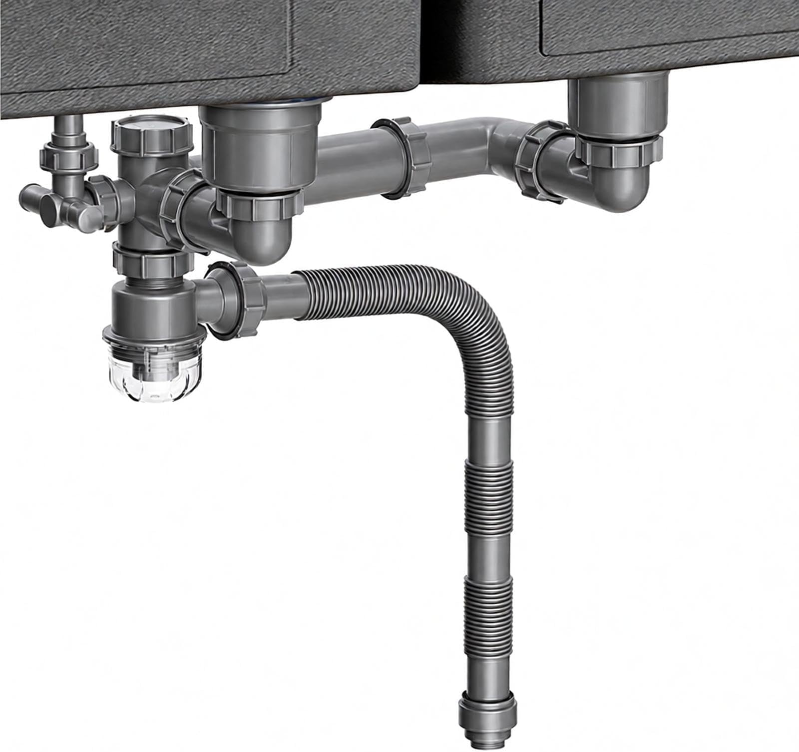 Double Sink Drain Kit Space Saving Kitchen Sink Drain Kit Expandable Flexible 1 1/2" P-Trap Pipe 3-1/2 Inch Sink Drain Assembly Kit with 4-Way Fitting Adapter for Dishwasher