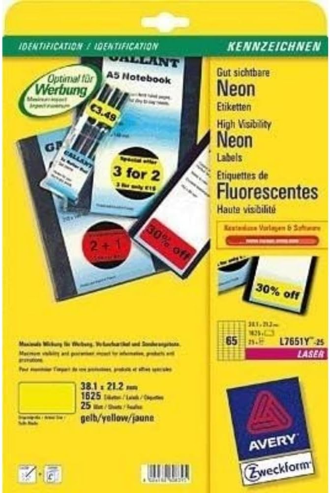 Avery Zweckform L7263R-25 Neon Labels 1.650 Stück, 38,1 x 21,2 mm neon Yellow