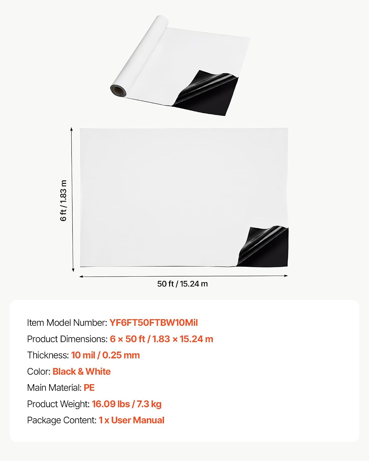 VEVOR 6' x 50' Plastic Sheeting 10 Mil Heavy Duty Plastic Drop Cloth Painters Tarp, Thick Plastic Sheet Roll for Crawl Space Vapor Barrier, Moisture Barrier, Construction, Greenhouse, Black & White
