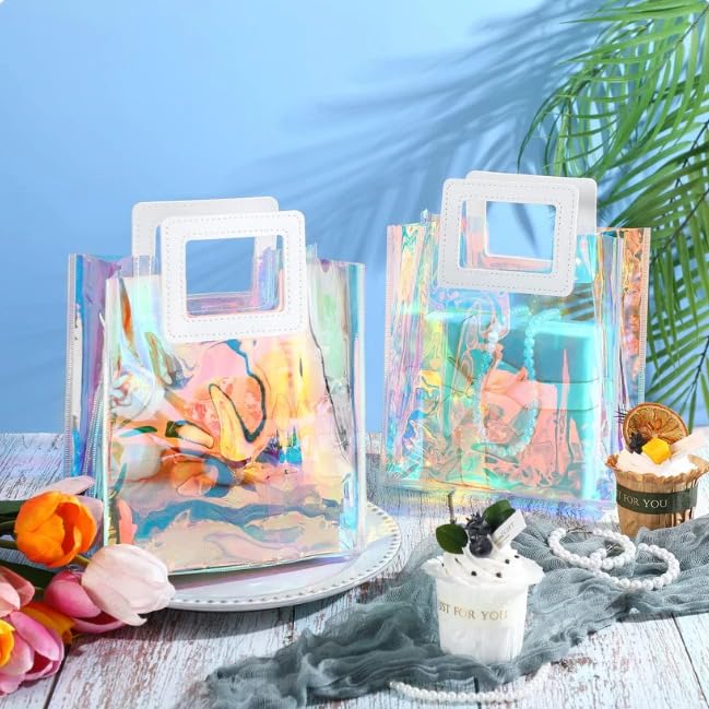 Image of SATYAM KRAFT 6 Pcs Transparent Reusable Leather Goodie Bags | Elegant Gift Bags for Her /Him Wedding Return Favors, Engagement Hampers, Marriage, Birthday & Festival Gifting | Handle Hamper Shopping Carry Bags (Rainbow White Square)