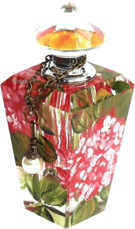 Decorative Small Clear Glass Perfume Bottle with Dauber Stick Hand Painted Pink Hydrangea Flowers Romantic Shabby Chic Vanity Decor