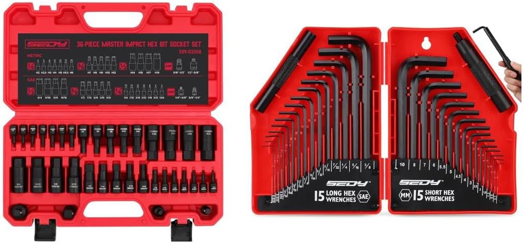 32-Piece Hex Key Wrench Set, Metric and SAE Allen Wrenches & 36-Piece with 4 Adapters Hex Bit Impact Socket Set