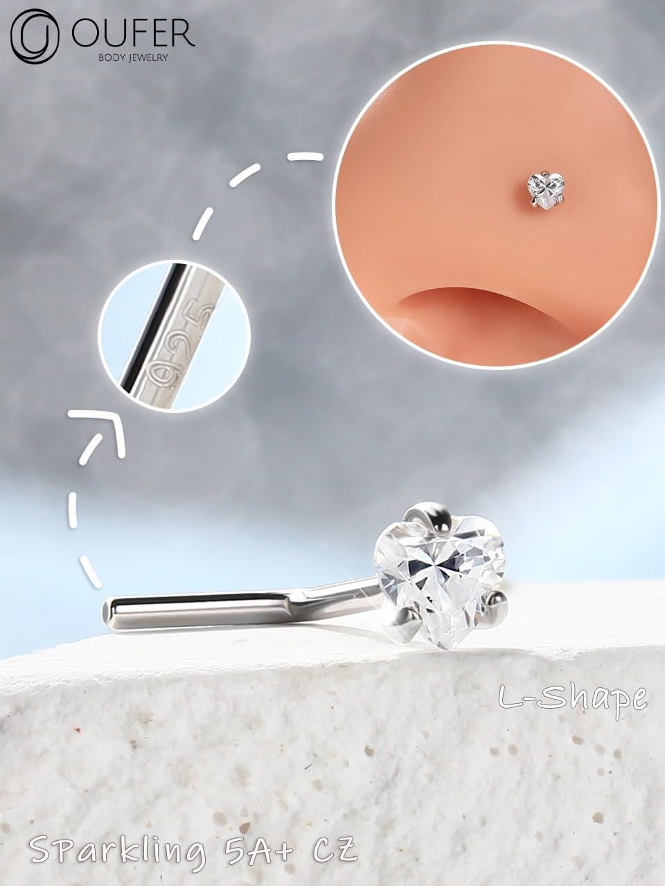 OUFER 925 Sterling Silver Nose Studs, L Shaped Nose Rings Studs, 20G Nostril Solid 3mm Heart CZ Nose Piercing Jewelry, Nose Studs For Women Men (L - 3mm Heart) - Image 5