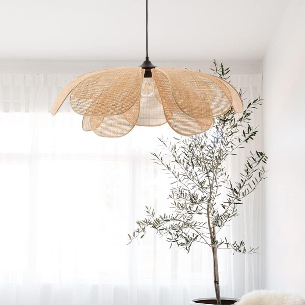 Duża antyczna lampa wisząca z bambusa, pleciona wiklinowa lampa sufitowa w stylu art deco z regulowanym sznurkiem, do dekoracji jadalni, salonu, restauracji i baru (80 cm)