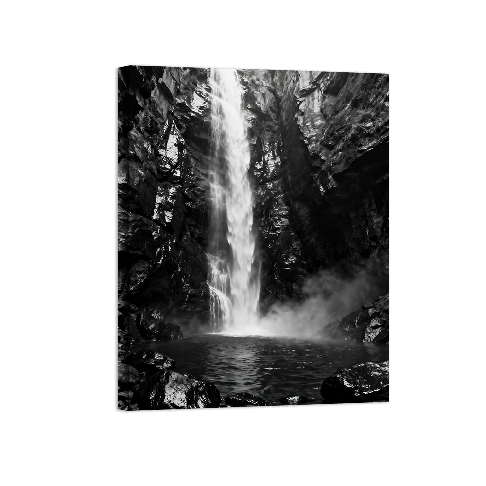 Waterfall Lake Black White Landscape Wall Art Prints 80x105cm Framed
