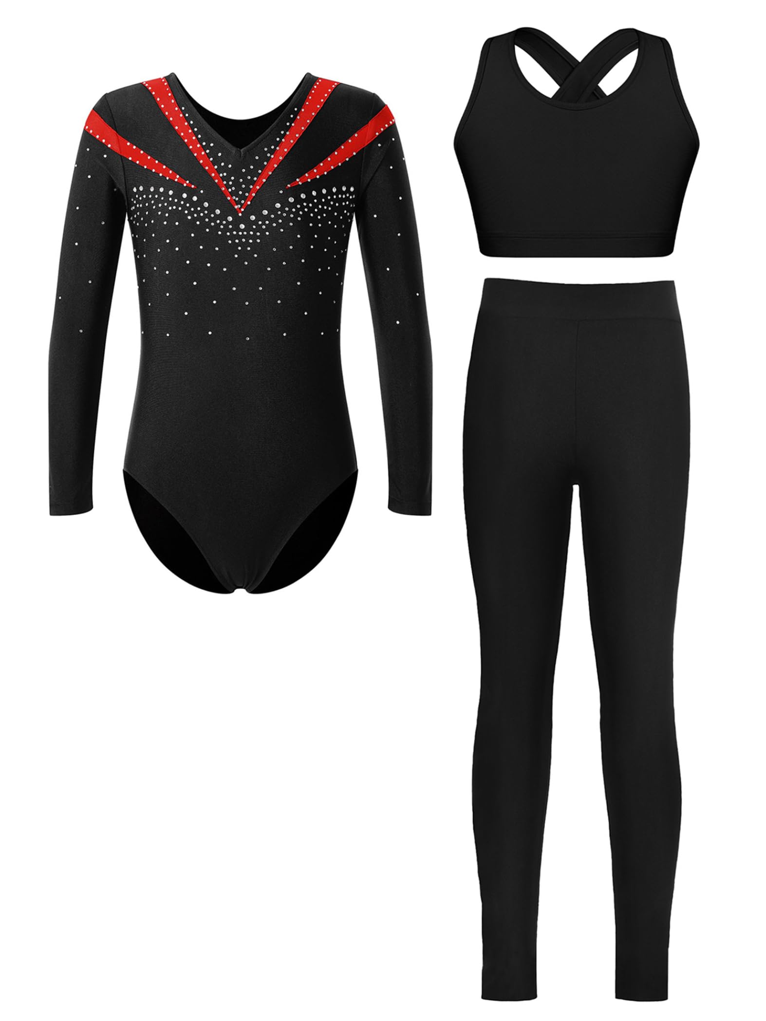 Piezas De Traje De Gimnasia Con Destellos Para Niñas Leotardos De Gimnasia De Manga Larga Tops De Deporte Brasier Y Pantalones Traje De Baile Para Rojo 11-12 años