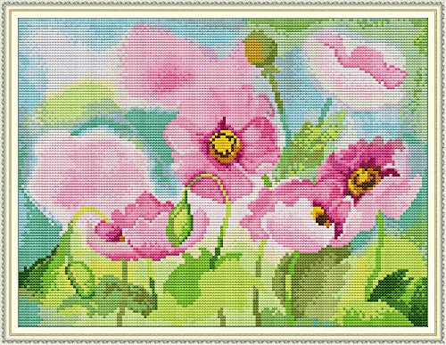Image of CaptainCrafts Cross Stitch Kits, New Stamped and Counted Fabric Cross Stitching DIY Art DMC Needlecrafts Embroidery Kit for Adults Beginner (Stamped, Poppies Flowers)